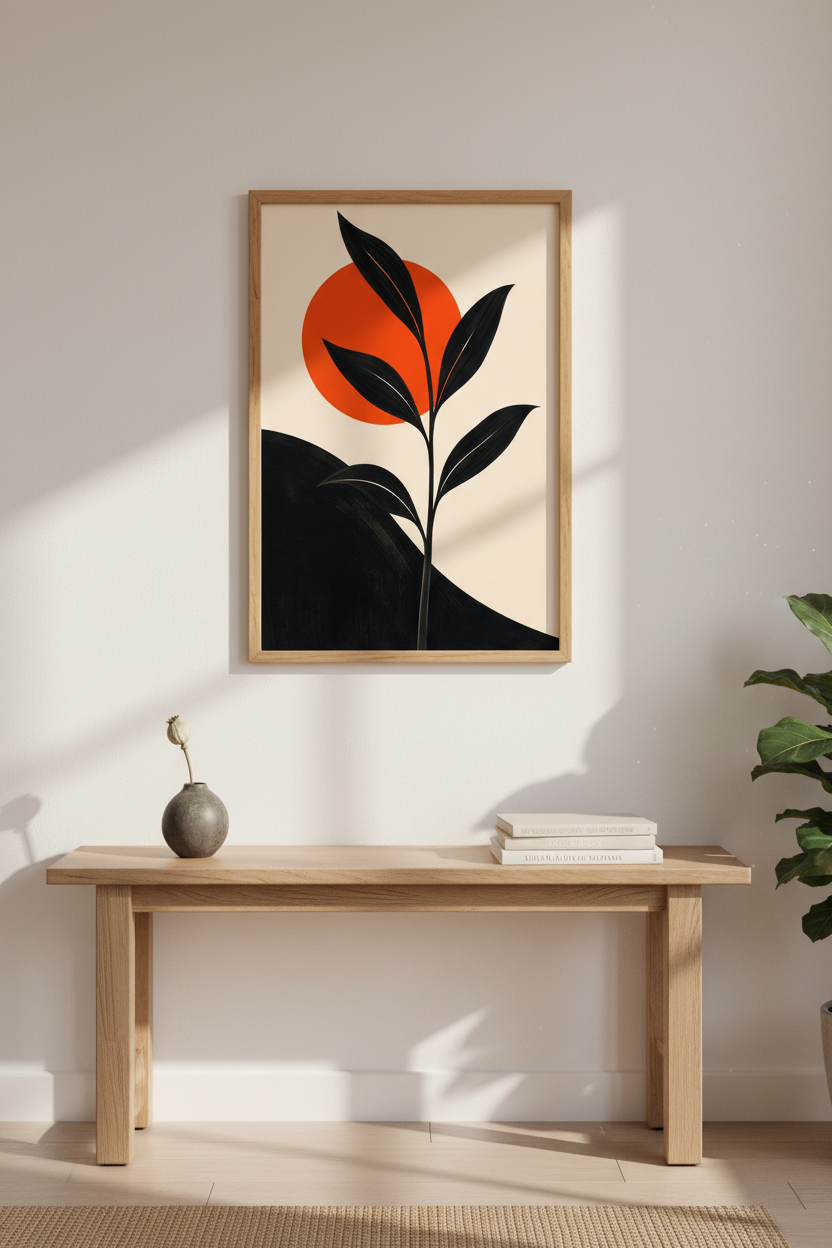 Minimalist botanical print | Black silhouette, orange sun | Living room decor