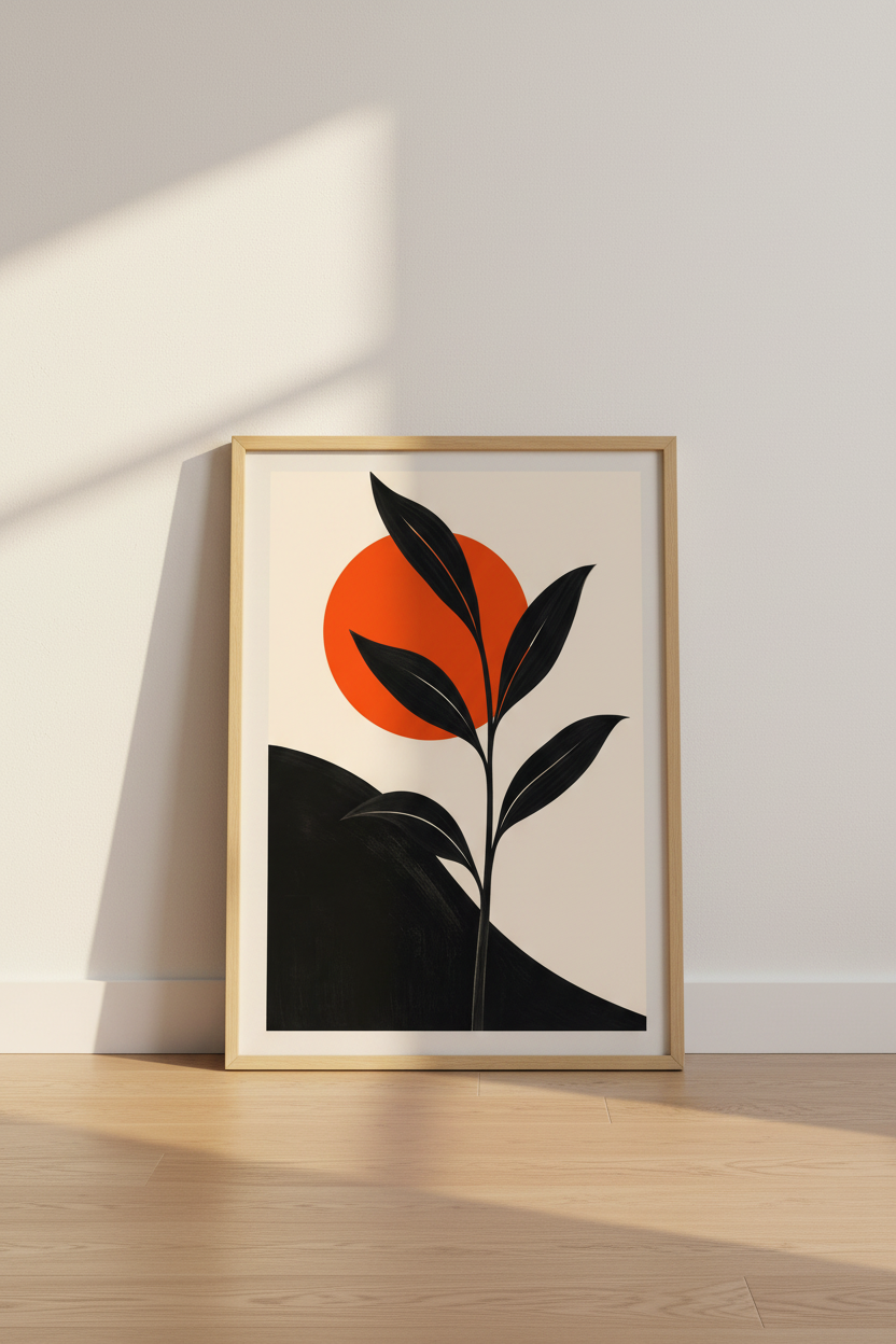 Minimalist botanical print | Black silhouette, orange sun | Living room decor