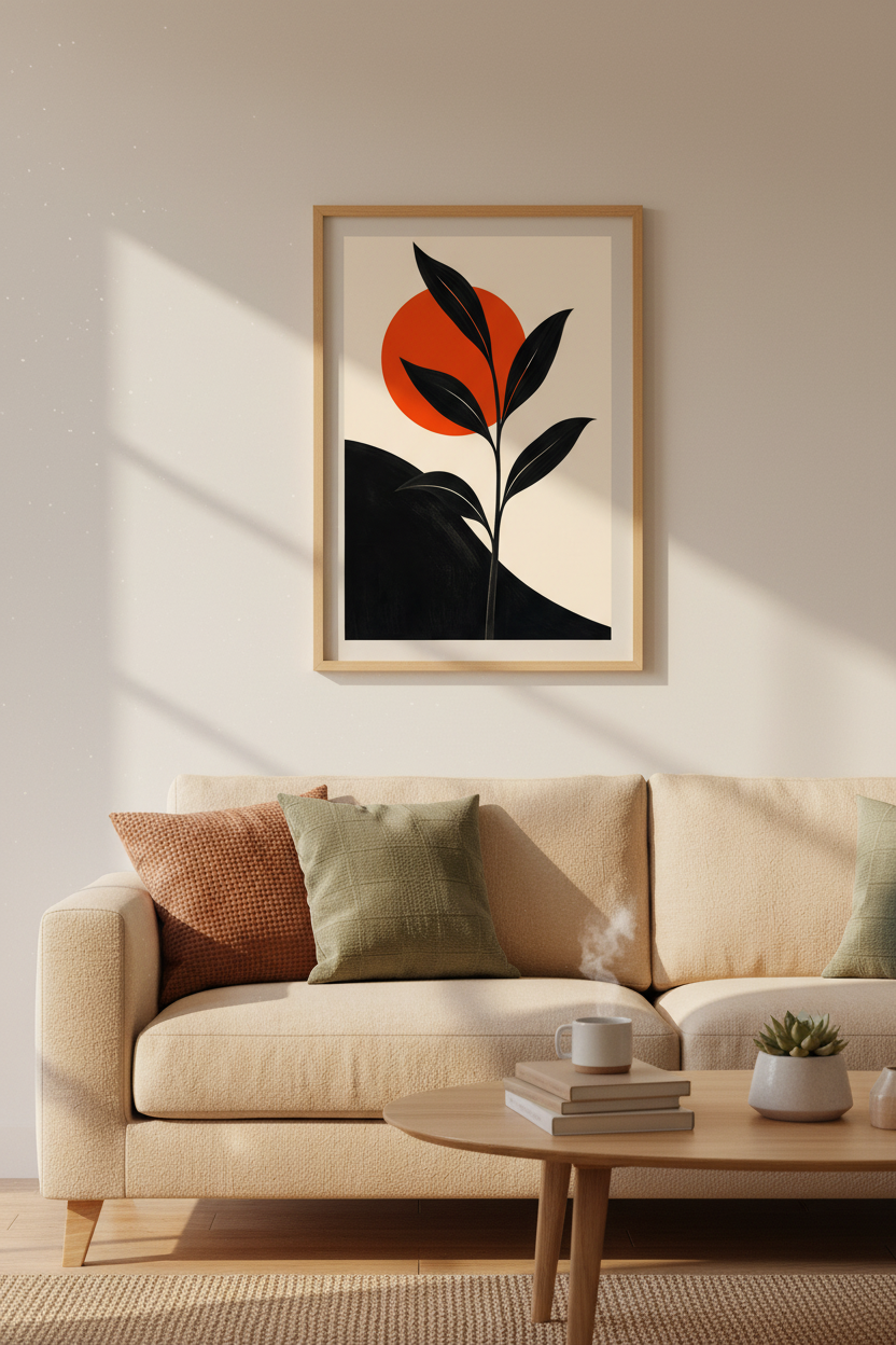 Minimalist botanical print | Black silhouette, orange sun | Living room decor