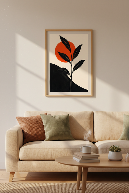 Minimalist botanical print | Black silhouette, orange sun | Living room decor