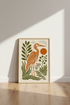 Folk Heron Wall Art | Mid Century Modern Bird Poster, Earthy Boho Living Room Decor