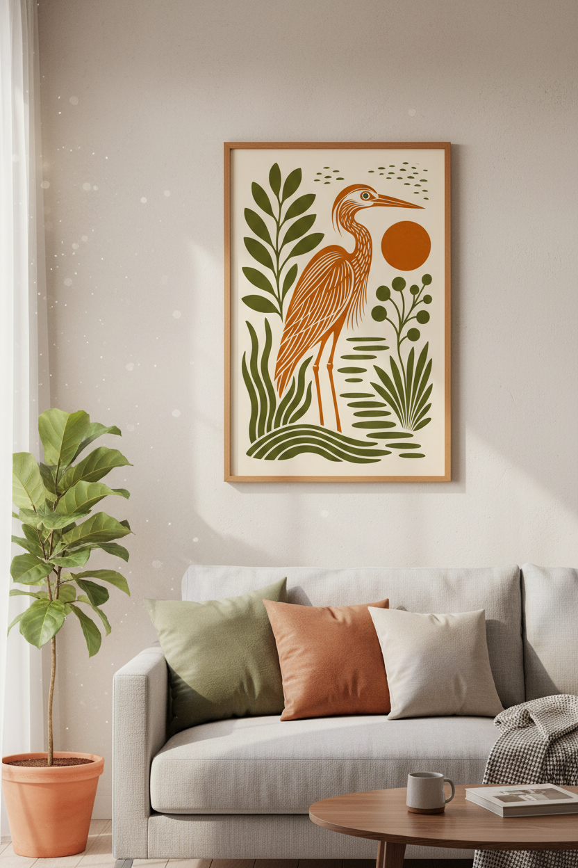 Folk Heron Wall Art | Mid Century Modern Bird Poster, Earthy Boho Living Room Decor