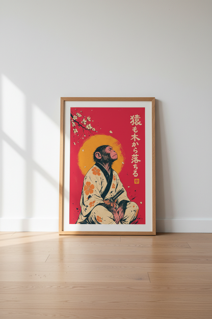 Samurai Monkey Wall Art Print | Japanese Zen Decor | Red &amp; Gold Retro Poster
