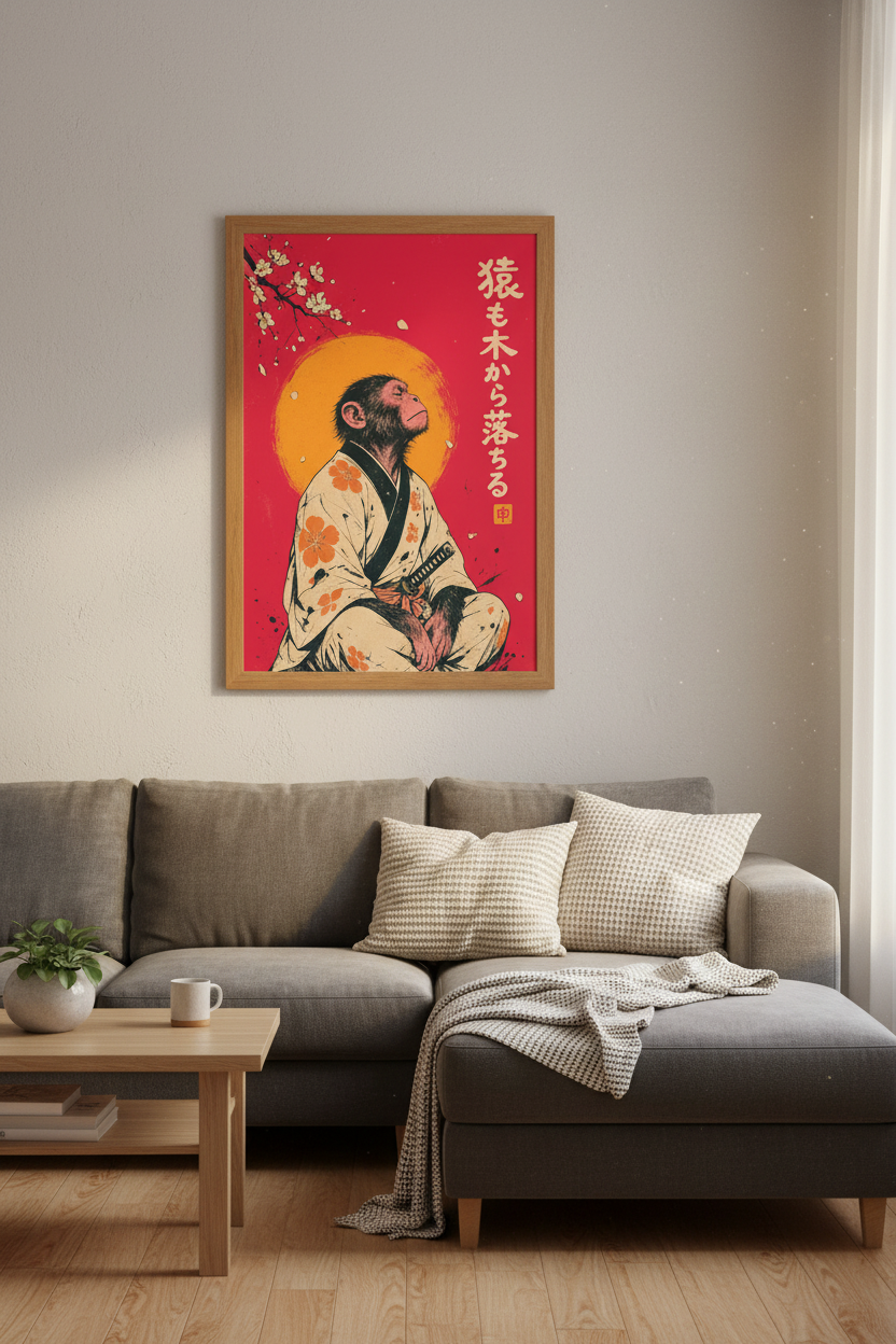 Samurai Monkey Wall Art Print | Japanese Zen Decor | Red &amp; Gold Retro Poster