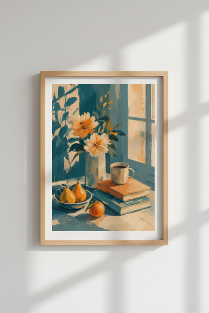 Blue Still Life Art Print | Impressionist Floral &amp; Books, Kitchen or Cafe Decor