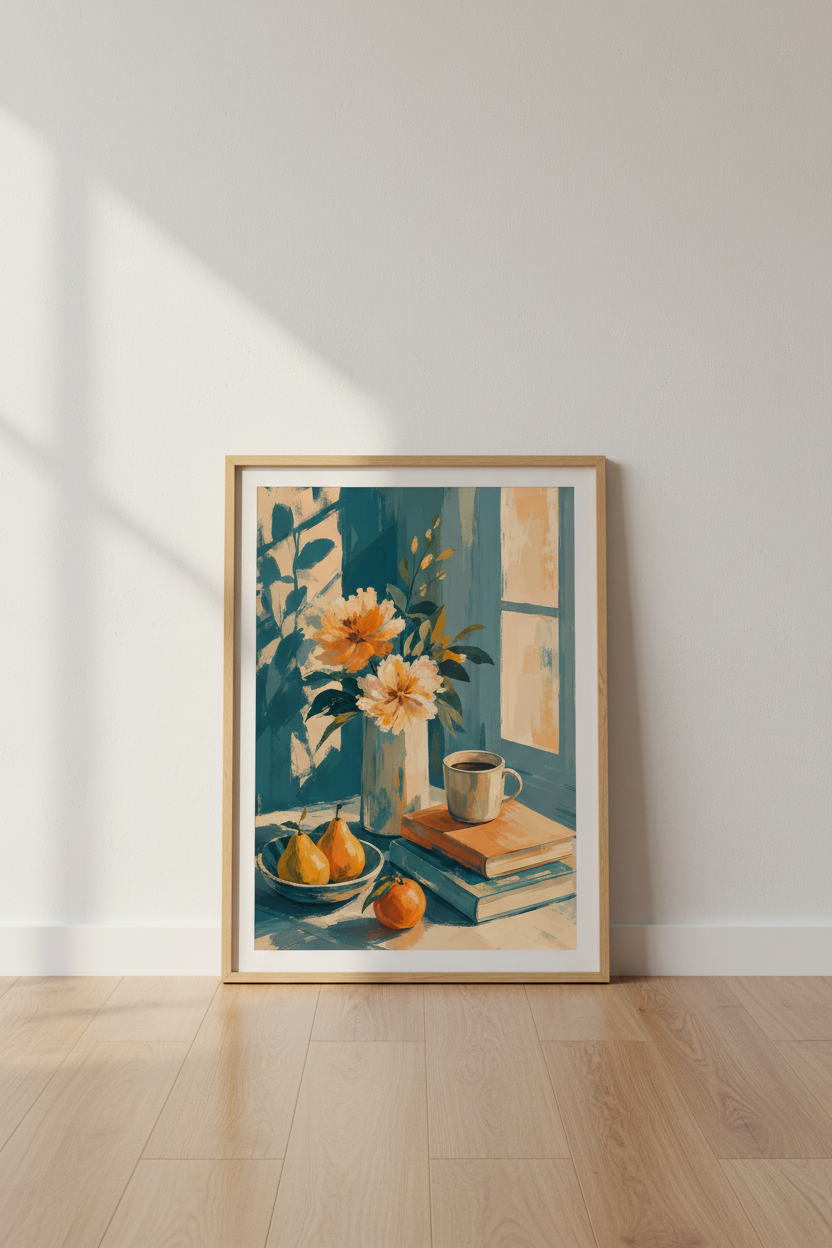 Blue Still Life Art Print | Impressionist Floral &amp; Books, Kitchen or Cafe Decor