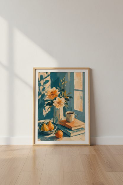 Blue Still Life Art Print | Impressionist Floral &amp; Books, Kitchen or Cafe Decor