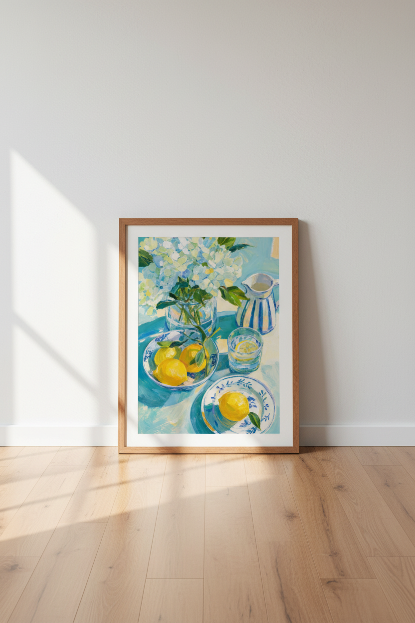 Lemon Still Life &amp; Hydrangeas | Blue Coast Kitchen Decor, Mediterranean Art