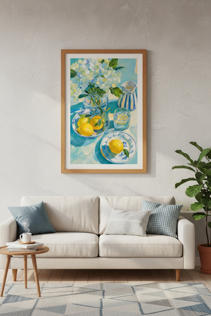 Lemon Still Life &amp; Hydrangeas | Blue Coast Kitchen Decor, Mediterranean Art