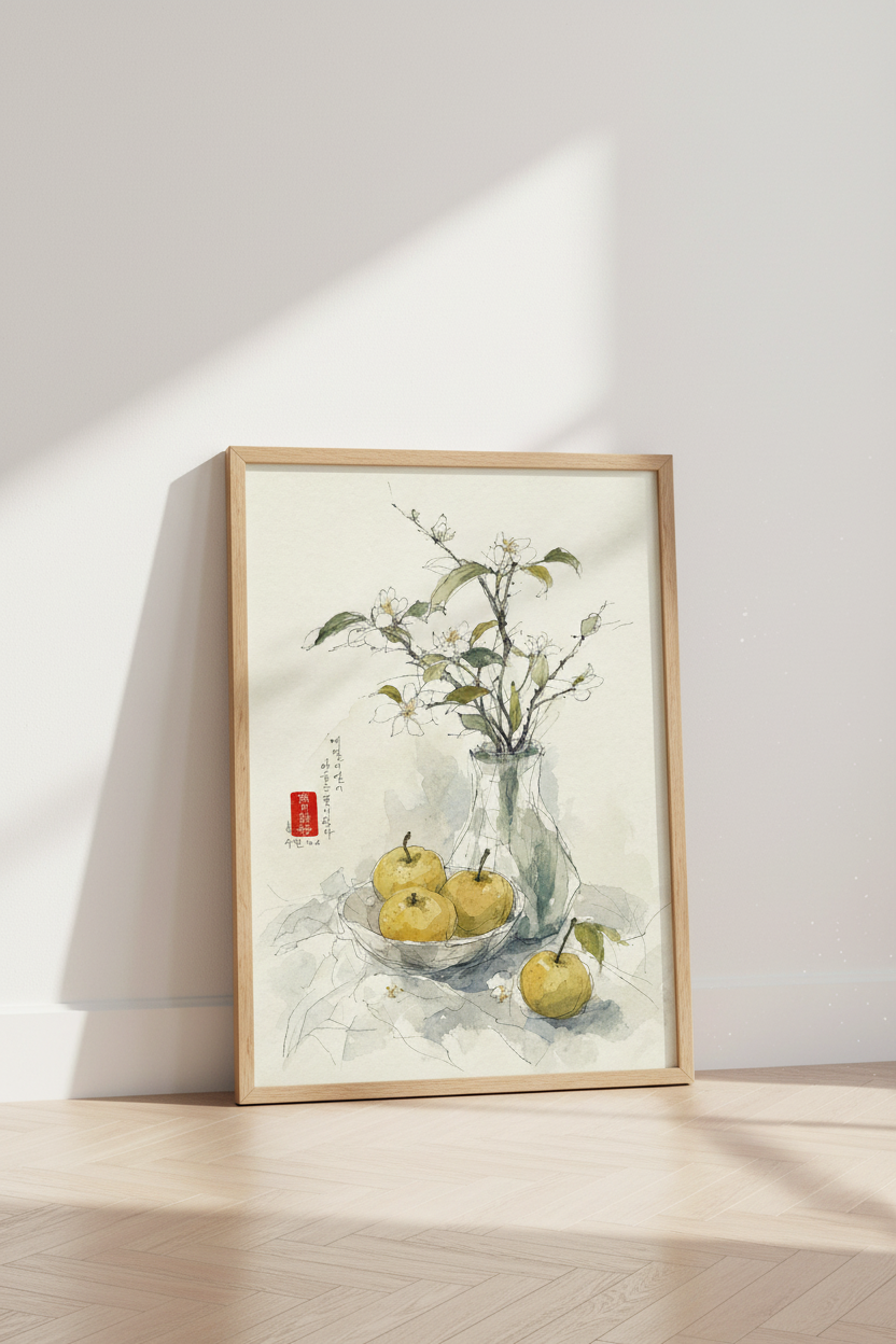 Japanese Still Life Watercolor | Blossom &amp; Fruit Art, Japandi Zen Decor