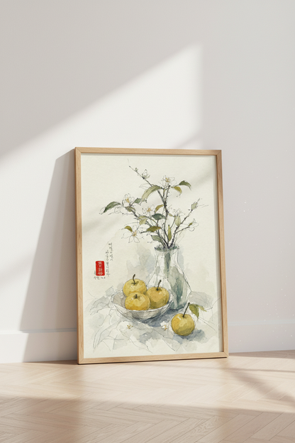 Japanese Still Life Watercolor | Blossom &amp; Fruit Art, Japandi Zen Decor