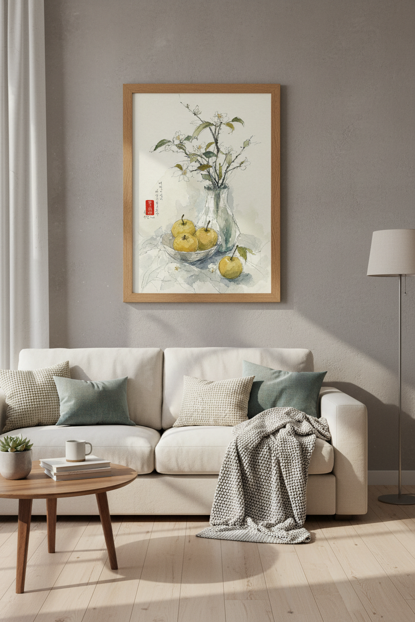 Japanese Still Life Watercolor | Blossom &amp; Fruit Art, Japandi Zen Decor