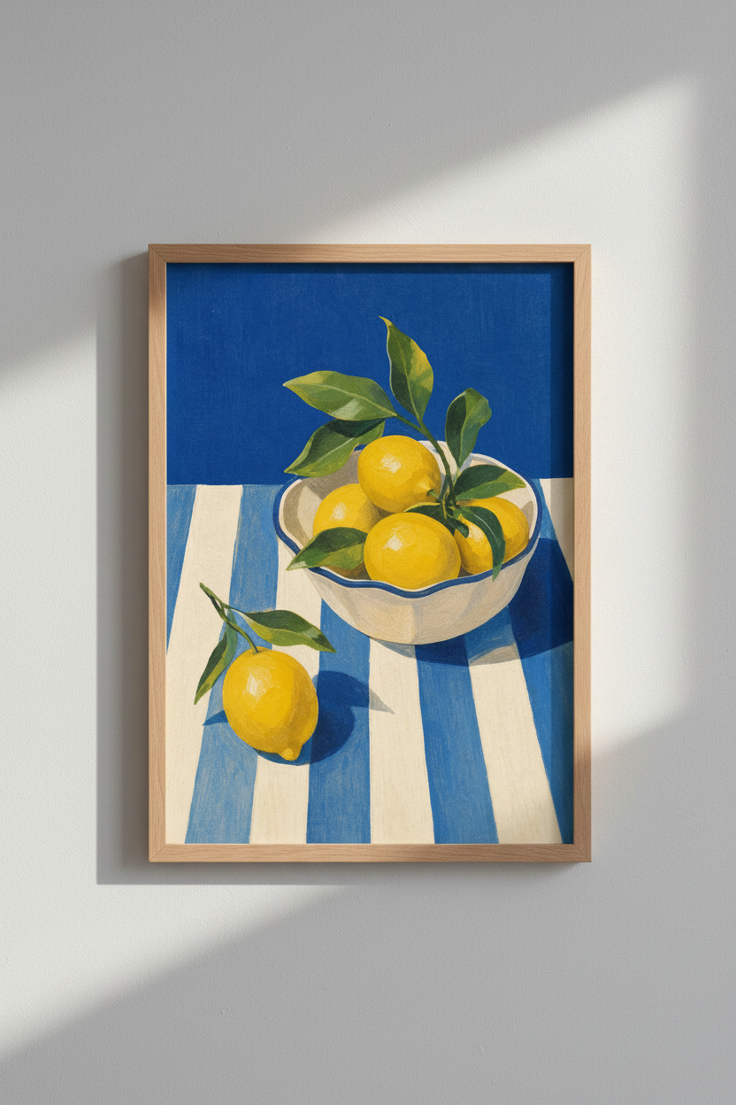 Mediterranean Lemon Wall Art Print | Blue and White Striped Kitchen Decor | Coastal Poster