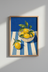 Mediterranean Lemon Wall Art Print | Blue and White Striped Kitchen Decor | Coastal Poster