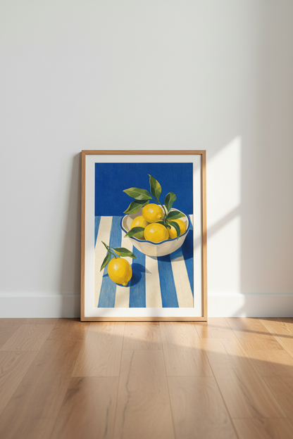 Mediterranean Lemon Wall Art Print | Blue and White Striped Kitchen Decor | Coastal Poster