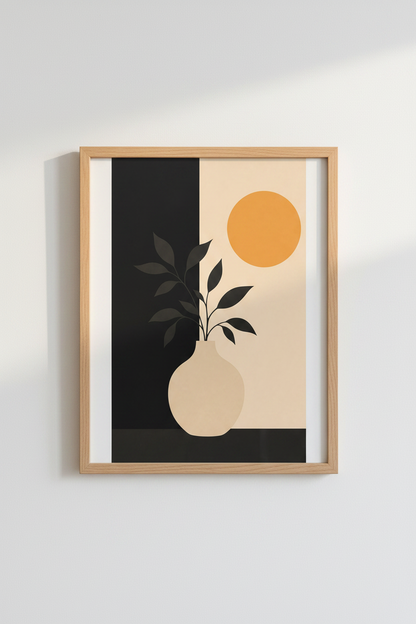 Minimalist wall art | Beige Vase, Black Leaves, Sun Accent | Living Room Decor