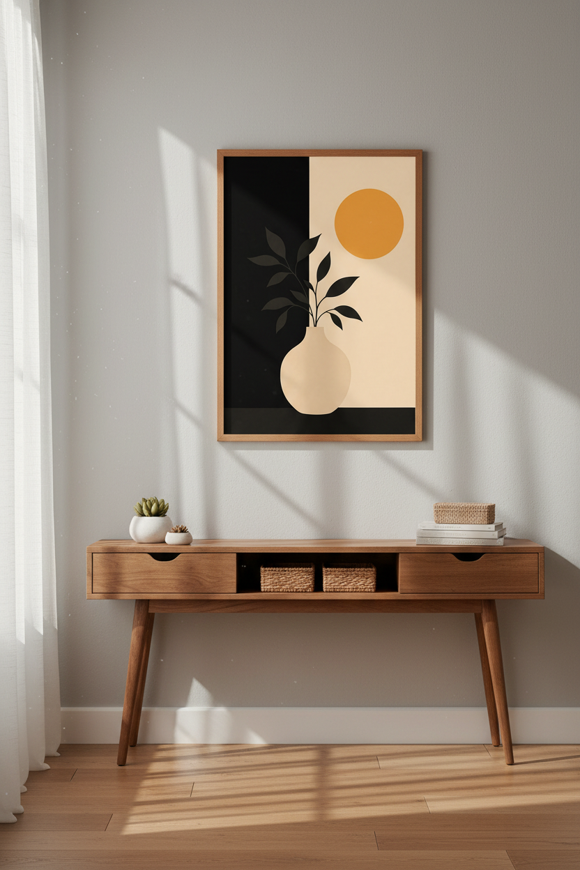 Minimalist wall art | Beige Vase, Black Leaves, Sun Accent | Living Room Decor