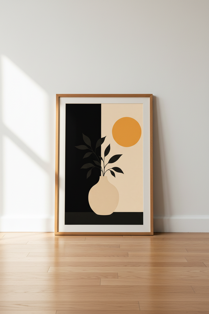 Minimalist wall art | Beige Vase, Black Leaves, Sun Accent | Living Room Decor