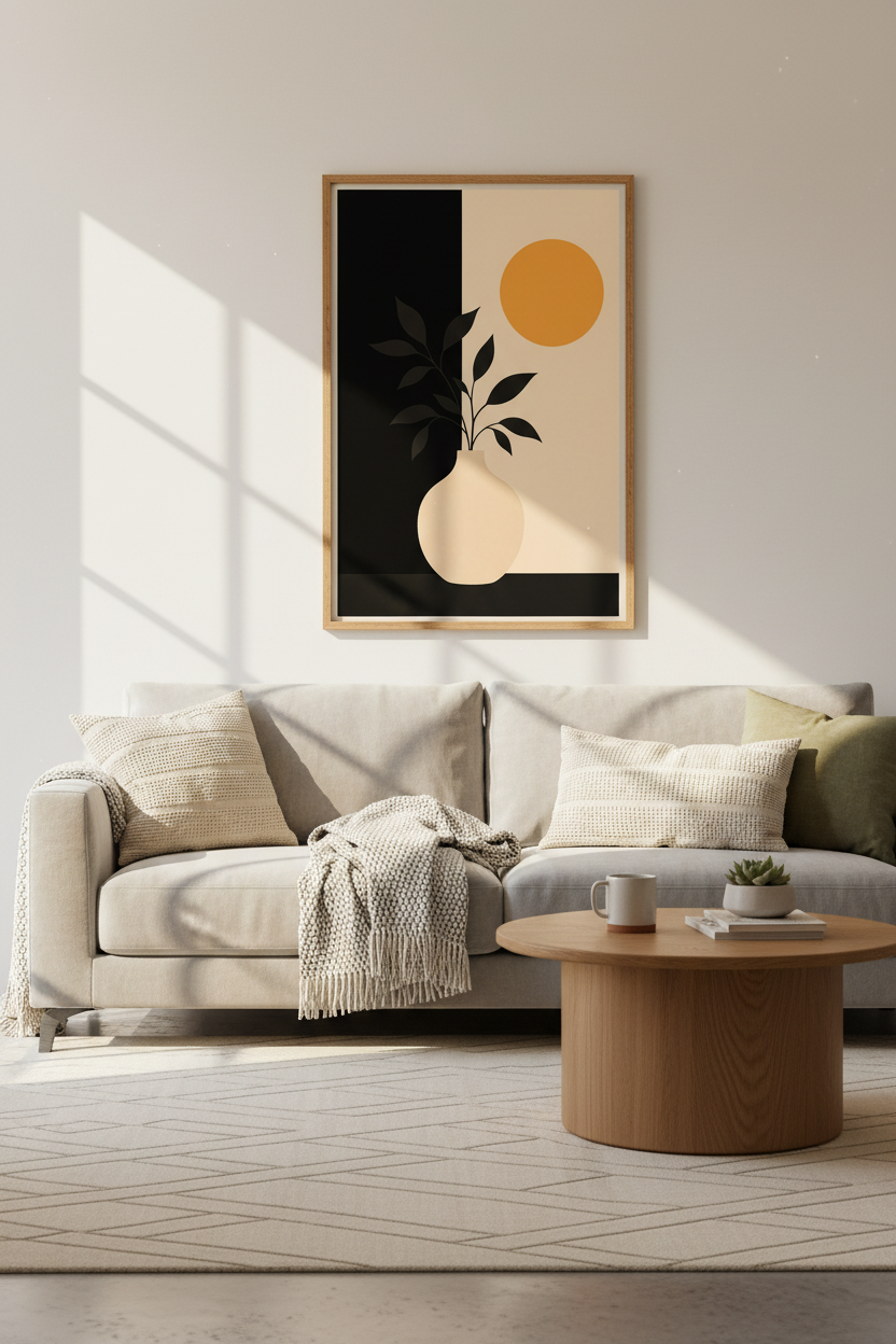Minimalist wall art | Beige Vase, Black Leaves, Sun Accent | Living Room Decor