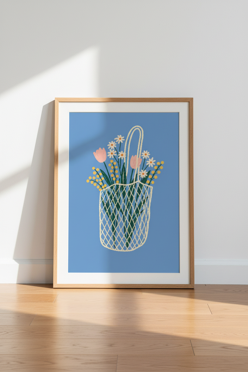 Wildflower Market Tote Wall Art | Blue Pastel Floral Print | Kitchen Cottagecore Poster