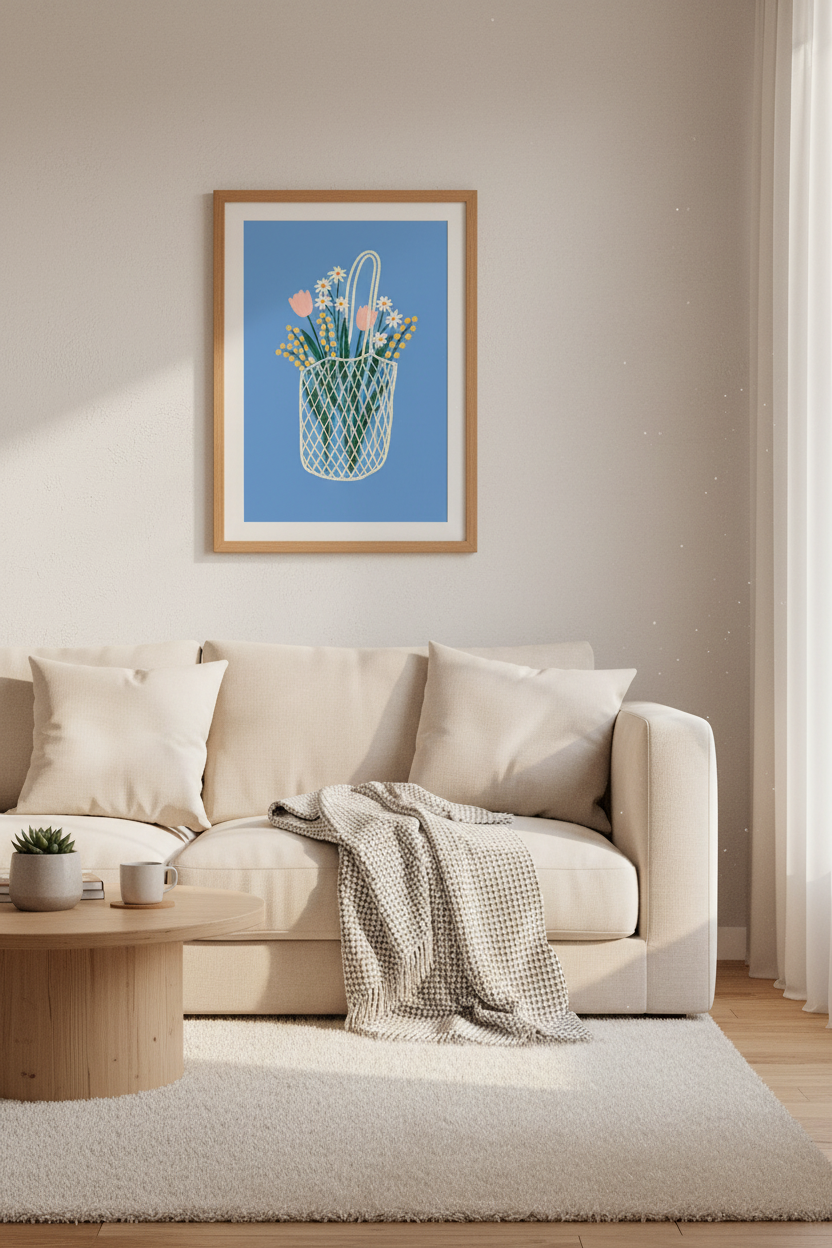 Wildflower Market Tote Wall Art | Blue Pastel Floral Print | Kitchen Cottagecore Poster