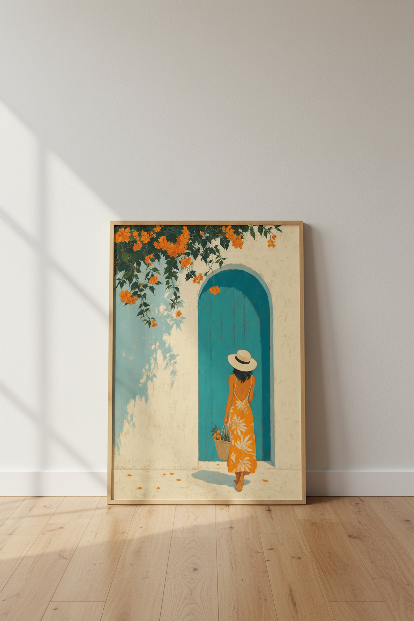 Mediterranean Woman Art Print | Orange &amp; Teal Coastal Decor | Summer Poster