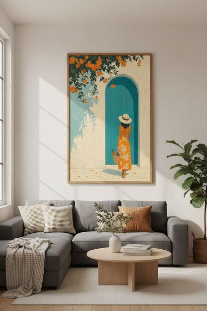 Mediterranean Woman Art Print | Orange &amp; Teal Coastal Decor | Summer Poster