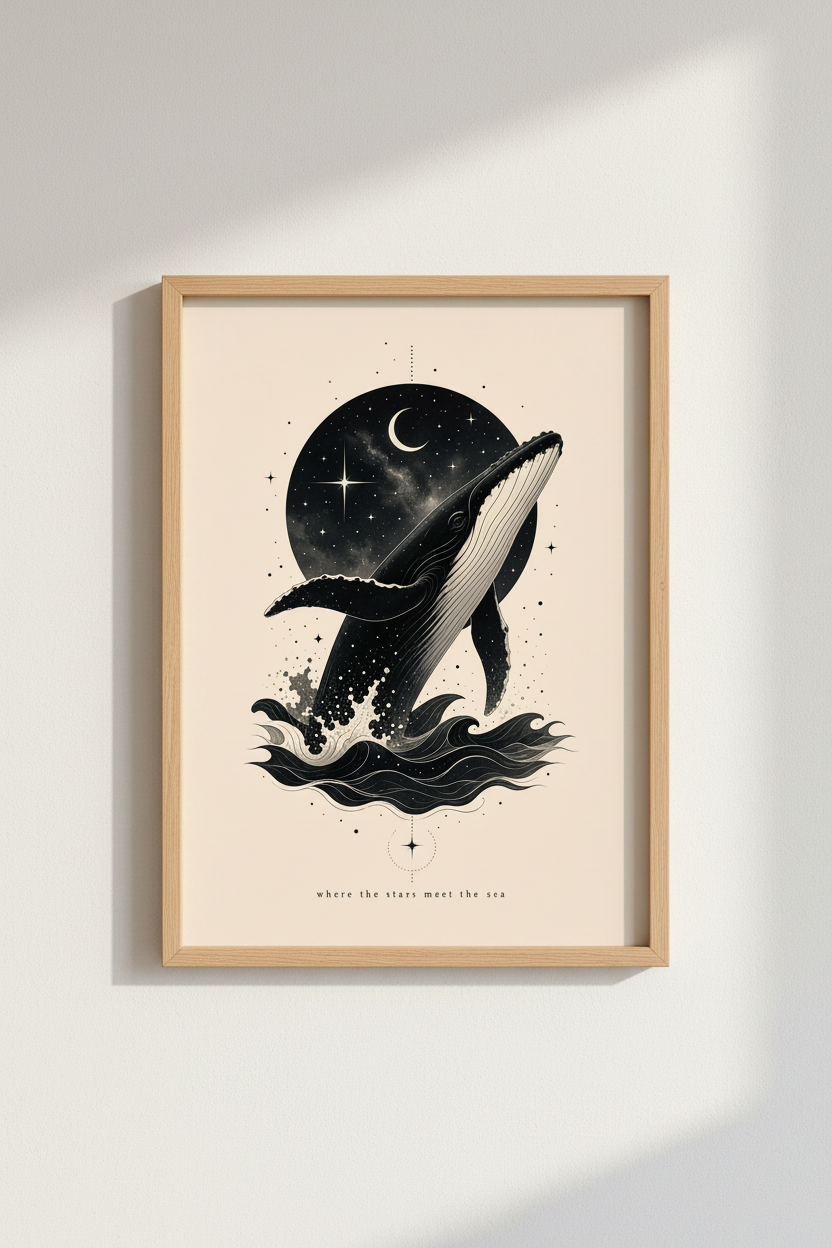 Celestial Whale Art Print | Moon and Stars Ocean Poster | Minimalist Nursery Decor