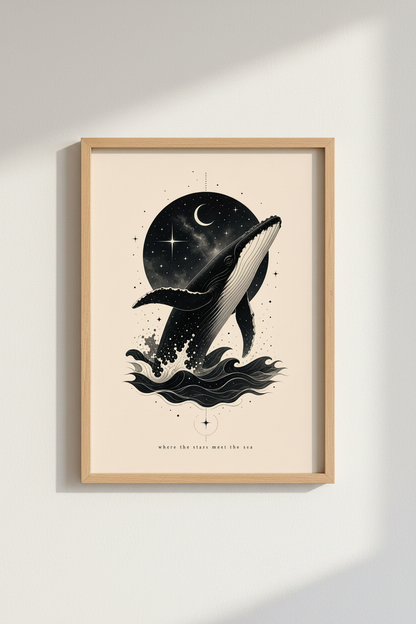 Celestial Whale Art Print | Moon and Stars Ocean Poster | Minimalist Nursery Decor