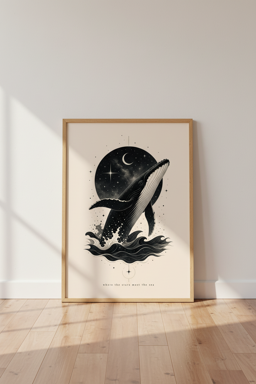 Celestial Whale Art Print | Moon and Stars Ocean Poster | Minimalist Nursery Decor