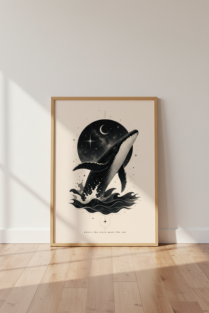 Celestial Whale Art Print | Moon and Stars Ocean Poster | Minimalist Nursery Decor