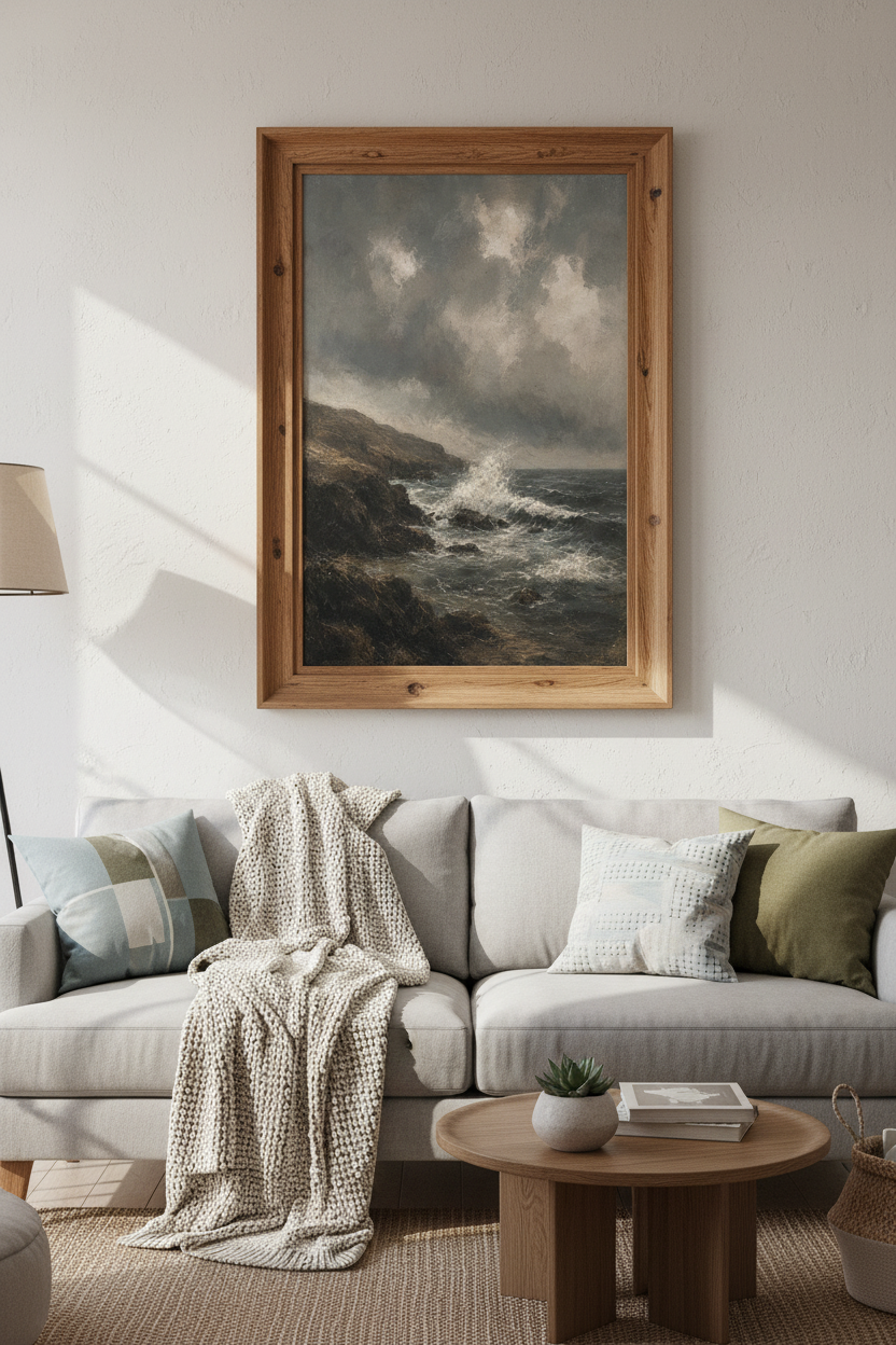 Stormy Waves Coastline Wall Art | Moody Dark Seascape, Living Room Decor