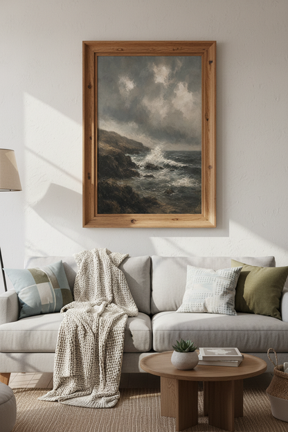 Stormy Waves Coastline Wall Art | Moody Dark Seascape, Living Room Decor
