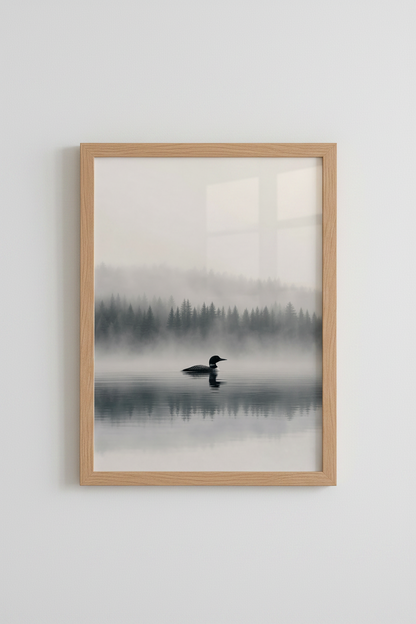 Loon Nature Art Print | Foggy Forest Pine Tree Poster, Lake House Decor