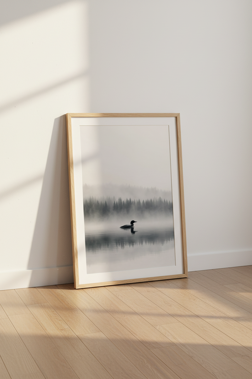 Loon Nature Art Print | Foggy Forest Pine Tree Poster, Lake House Decor