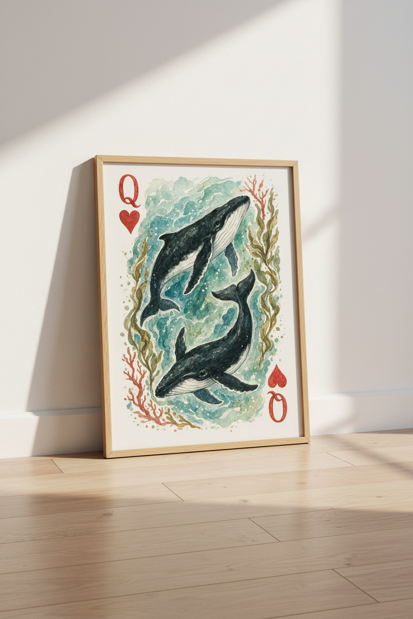 Whale Queen of Hearts Print | Nautical Watercolor Art | Coastal Beach House Decor