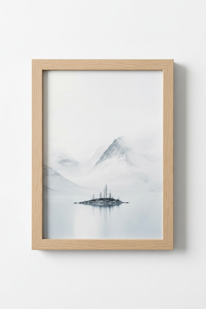 Minimalist Nature Print | Winter Mountain Landscape, Modern Foggy Lake Poster