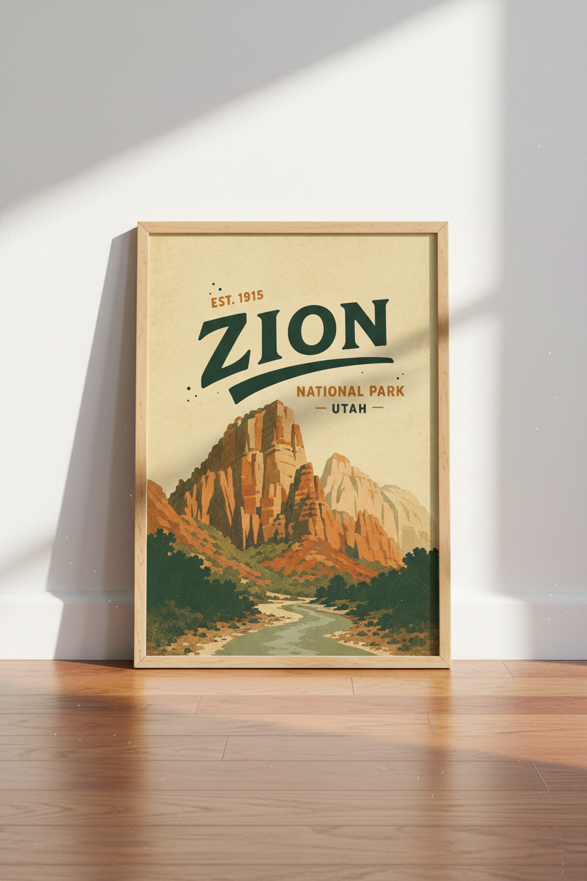 Zion National Park Vintage Art Print | Utah Travel Poster | Mid Century Modern Wall Decor