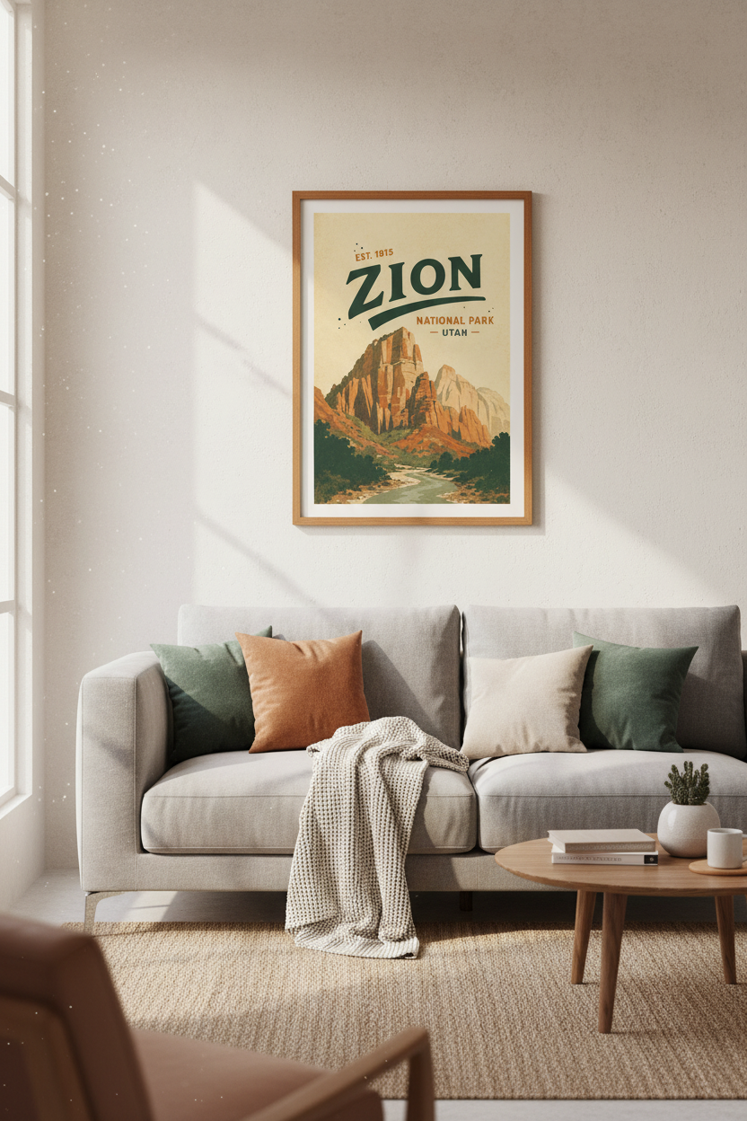 Zion National Park Vintage Art Print | Utah Travel Poster | Mid Century Modern Wall Decor