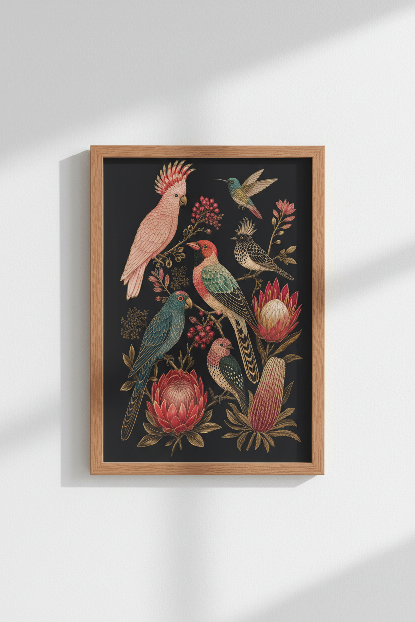Dark Botanical Bird Print | Moody Exotic Floral Poster, Vintage Maximalist Wall Art