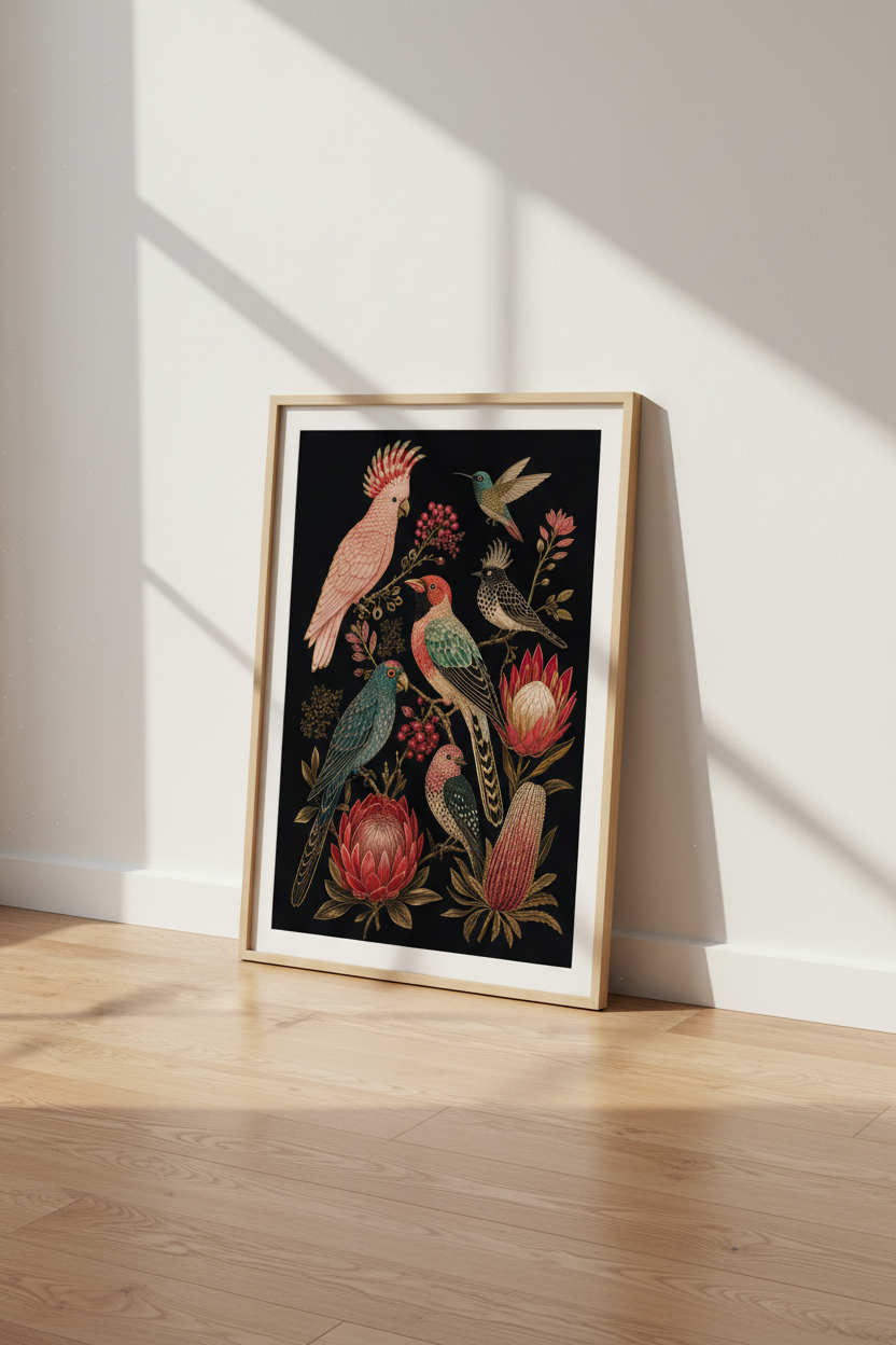 Dark Botanical Bird Print | Moody Exotic Floral Poster, Vintage Maximalist Wall Art