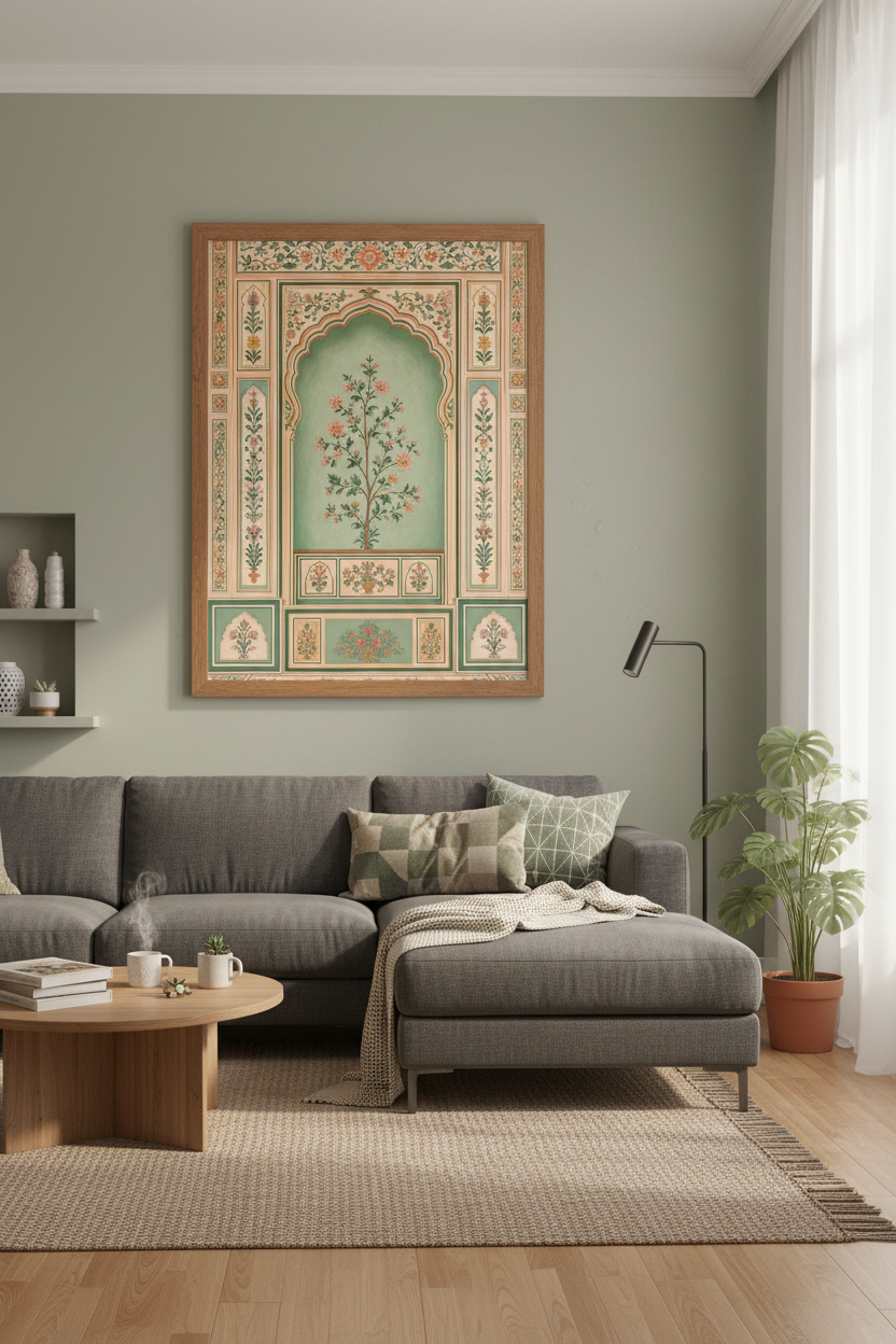 Mughal Floral Wall Art Print | Indian Archway Decor | Sage Green &amp; Rose Poster