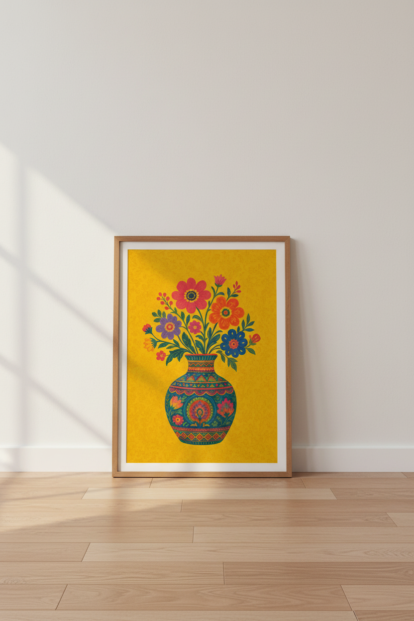 Folk Art Floral Bouquet | Vibrant Yellow &amp; Orange Vase Print, Boho Kitchen Decor