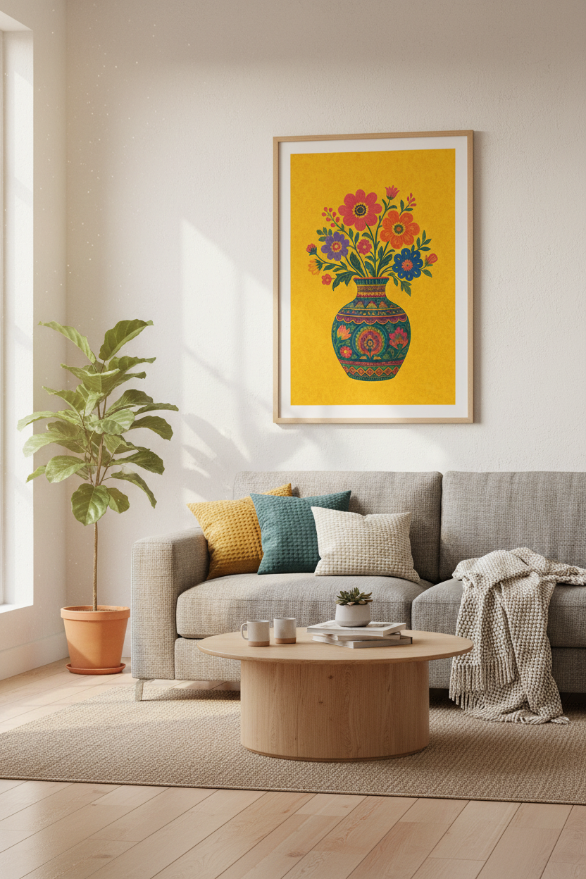 Folk Art Floral Bouquet | Vibrant Yellow &amp; Orange Vase Print, Boho Kitchen Decor