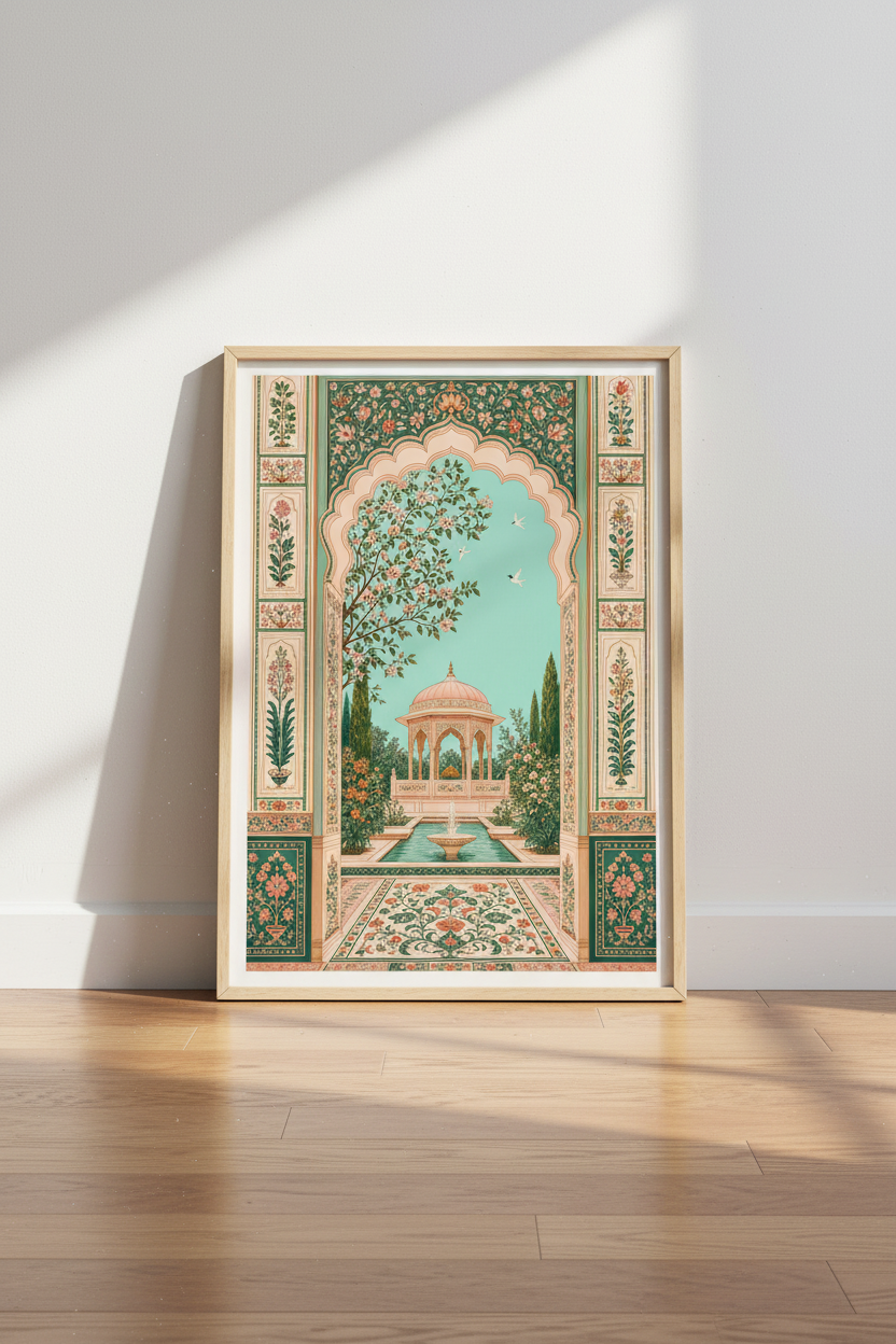 Mughal Garden Art | Persian Floral Archway Print, Teal Pink Living Room Decor