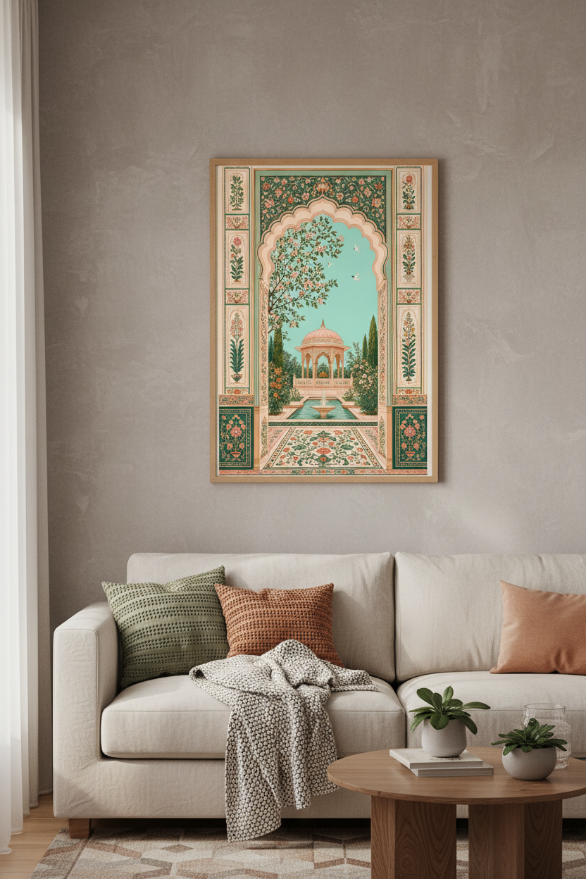Mughal Garden Art | Persian Floral Archway Print, Teal Pink Living Room Decor