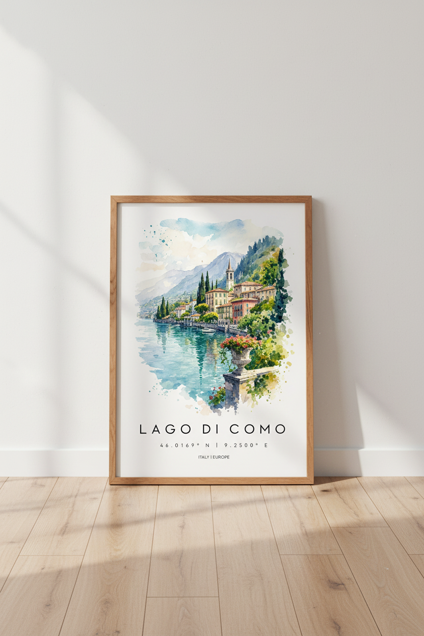 Lake Como Italy Watercolor Art | Mediterranean Travel Poster, Living Room Decor