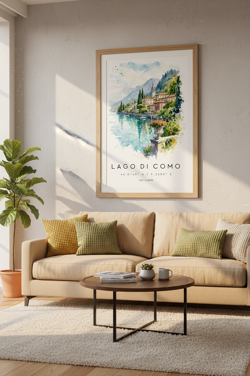 Lake Como Italy Watercolor Art | Mediterranean Travel Poster, Living Room Decor