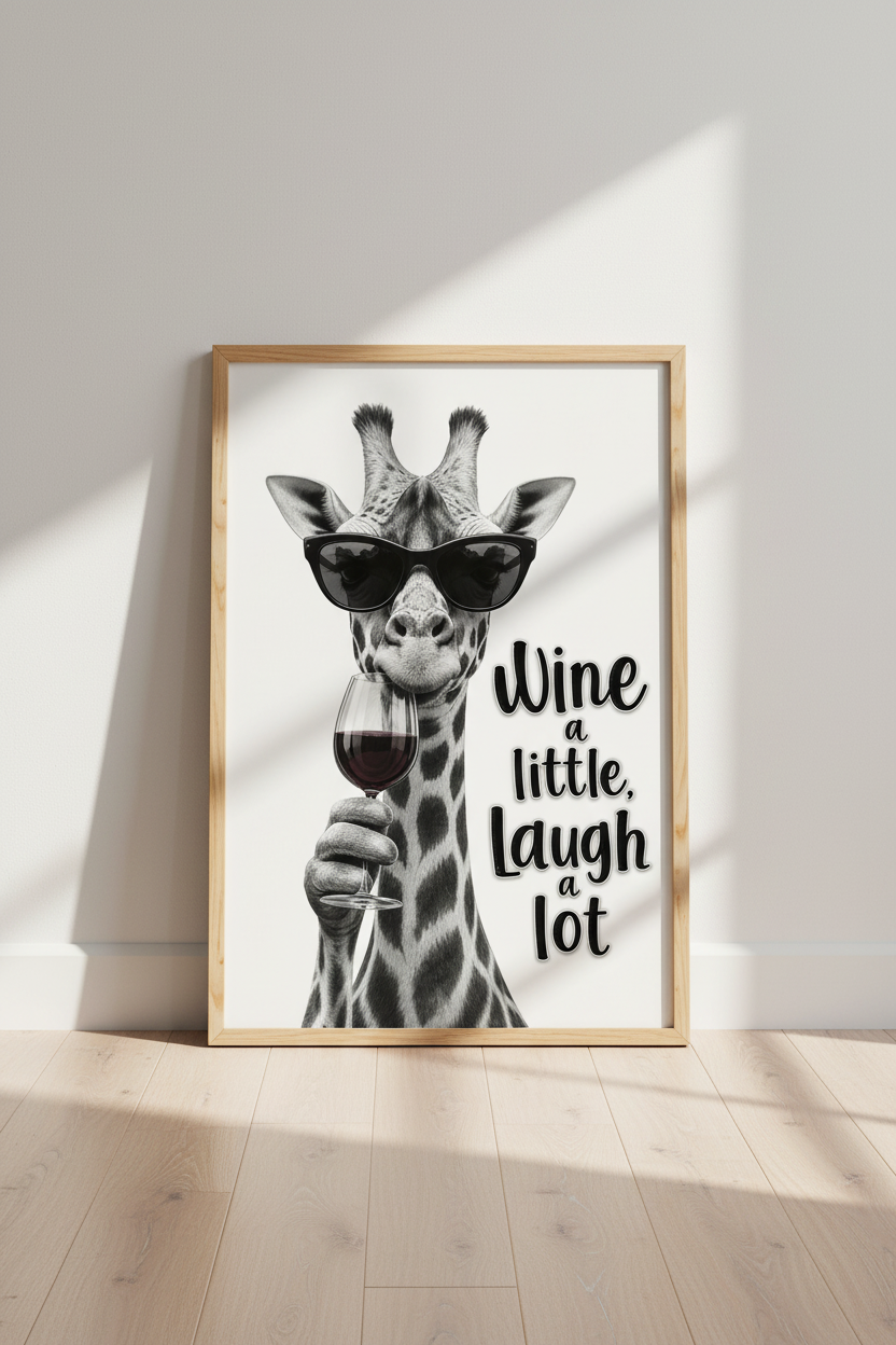 Wine Giraffe | Funny Black &amp; White Animal Poster, Kitchen &amp; Bar Wall Art
