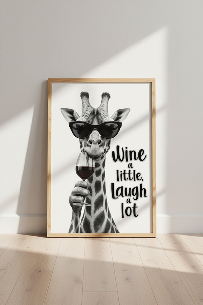 Wine Giraffe | Funny Black &amp; White Animal Poster, Kitchen &amp; Bar Wall Art